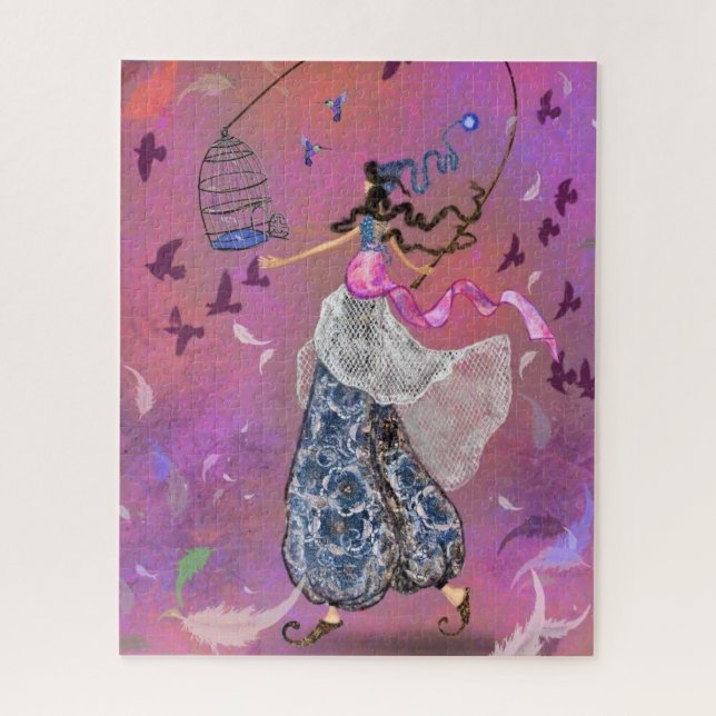 Puzzle Fille et oiseaux - Art Dessin Imaginaire Fairytale (Vertical)