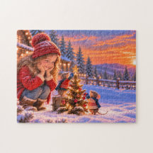 Fille et souris décorant un arbre de Noël