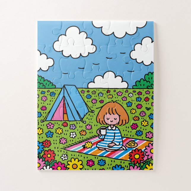 Puzzle Fille faisant du camping dans un vaste champ de fl (Vertical)