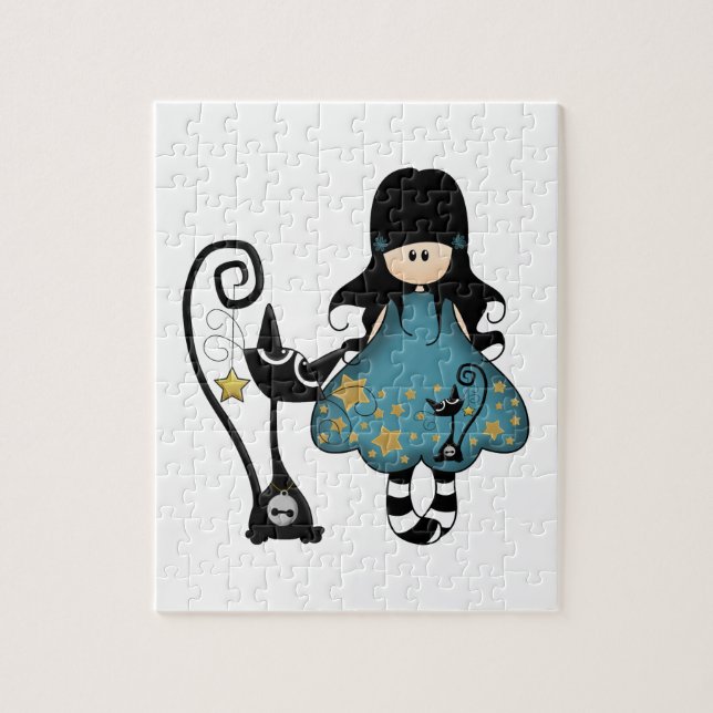 Puzzle Fille Girly de Goth avec le chat noir (Vertical)