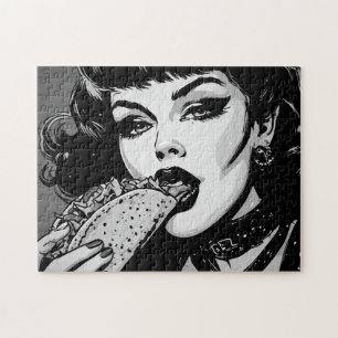 Puzzle Fille gothique de style graphique BW 50s mangeant 
