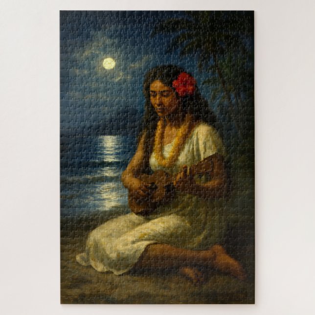 Puzzle Fille Hawaïenne Rétro & Ukulele Sur Une Plage Au C (Vertical)