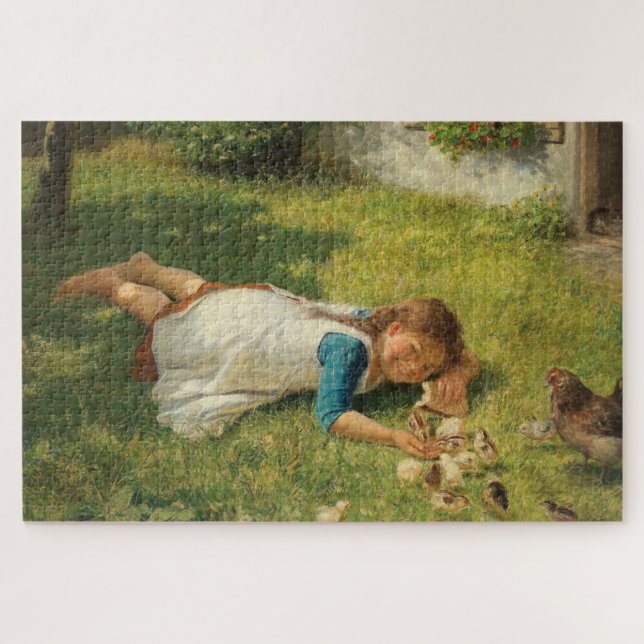 Puzzle Fille Jouer avec des poules (poule et poulet) (Horizontal)