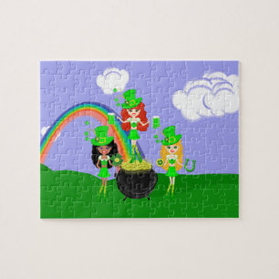 Puzzle Fille Leprechauns Arc en ciel et Pot d'or