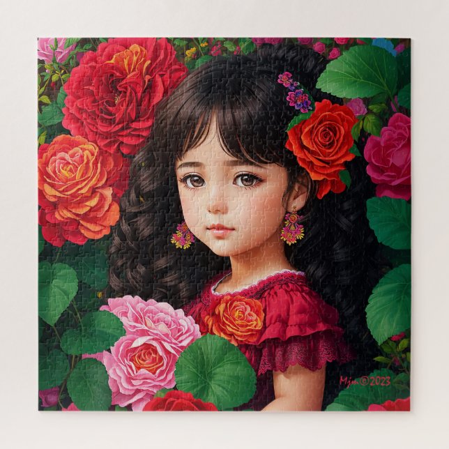 Puzzle Fille Mignonne Aux Fleurs Roses Roses Rouges (Vertical)