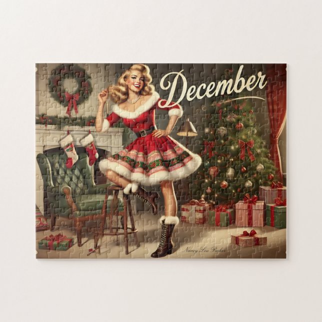 Puzzle Fille pin-up blonde rétro de Noël de décembre (Horizontal)