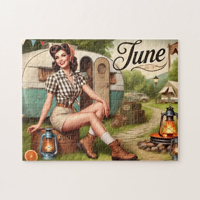 Puzzle Fille pin-up rétro de juin Camping d'été  (Horizontal)