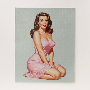 Puzzle Fille Rétro Pin-up Brune en Rose