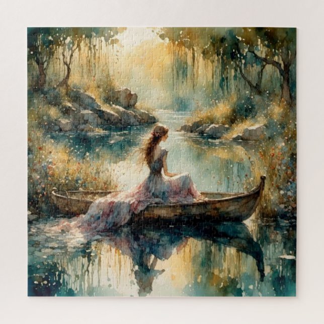 Puzzle Fille romantique en bateau en bois sur le lac (Vertical)