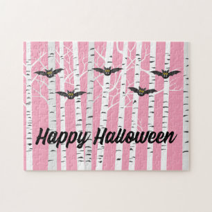 Puzzle Fille rose joyeuse forêt de bouleaux d'Halloween a