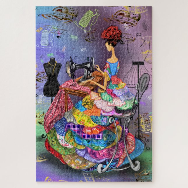 Puzzle Fille Seamstress avec robe colorée - Dessin d'art (Vertical)