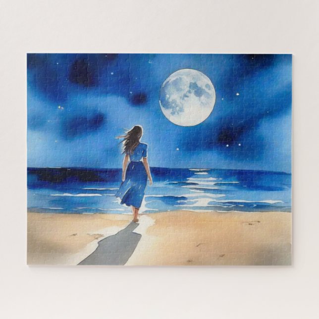 Puzzle Fille sur la plage sous une Pleine lune (Horizontal)