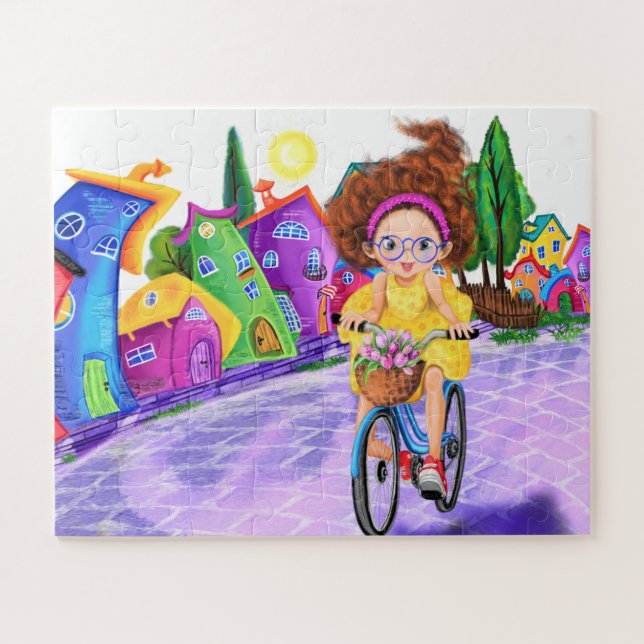 Puzzle Fille sur un vélo avec tulipes Jigsaw Peinture de  (Horizontal)