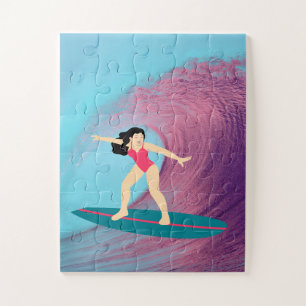 Puzzle Fille surf au coucher du soleil