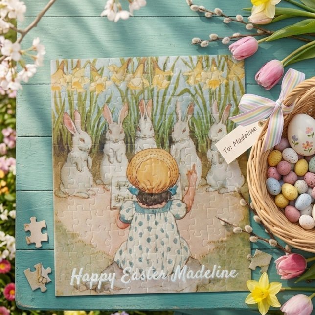 Puzzle Fille vintage et lapins de Pâques chantant (Créateur téléchargé)