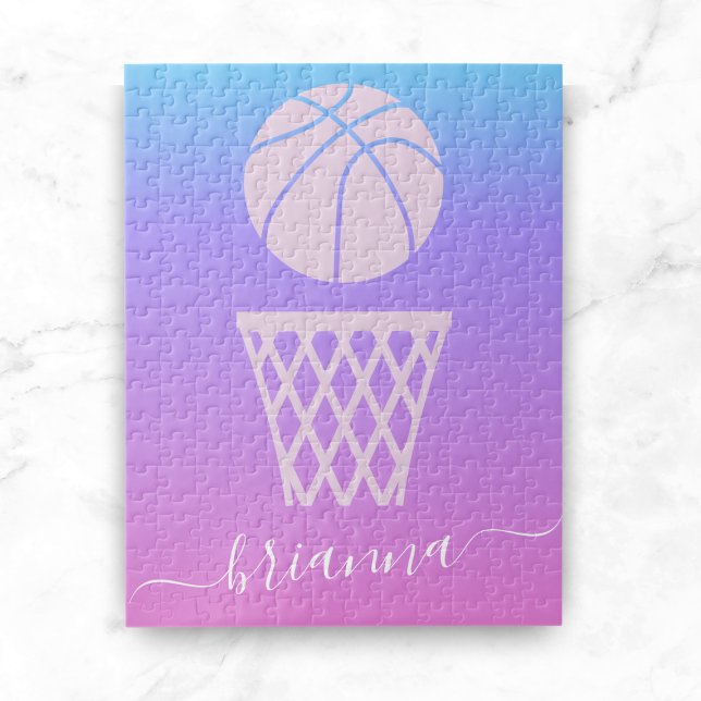 Puzzle Filles Basketball rose violet Ombre Gradient & Nom (Créateur téléchargé)