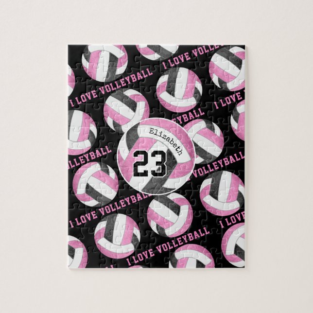 Puzzle filles I love volleyball rose noir personnalisé (Vertical)