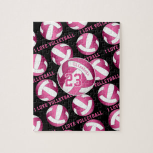 Puzzle filles J'aime volleyball rose vif personnalisé
