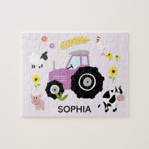 Puzzle Filles mignonne pourpre tracteur de ferme et nom E