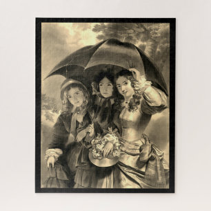Puzzle Filles victoriennes parapluie jour de pluie sepia 