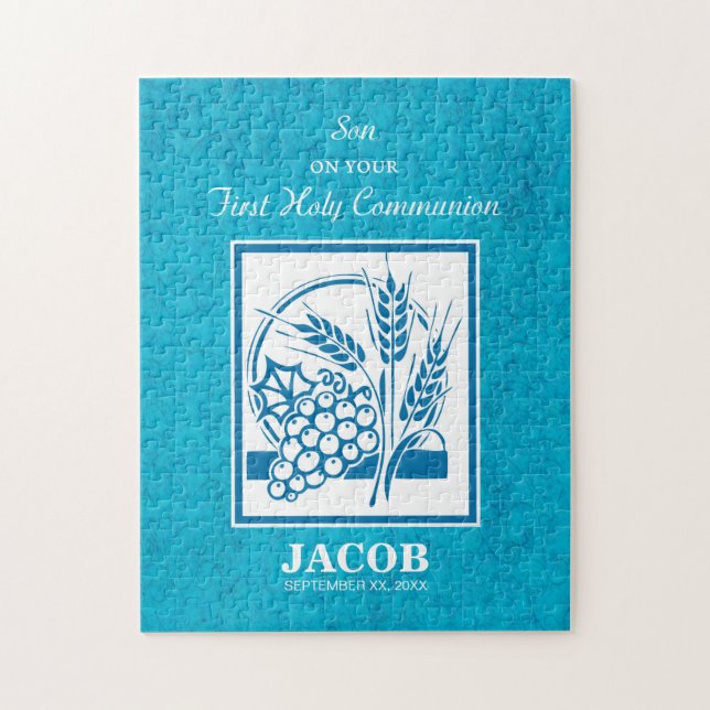 Puzzle Fils, Première Communion, Blé, Raisins Bleu (Vertical)