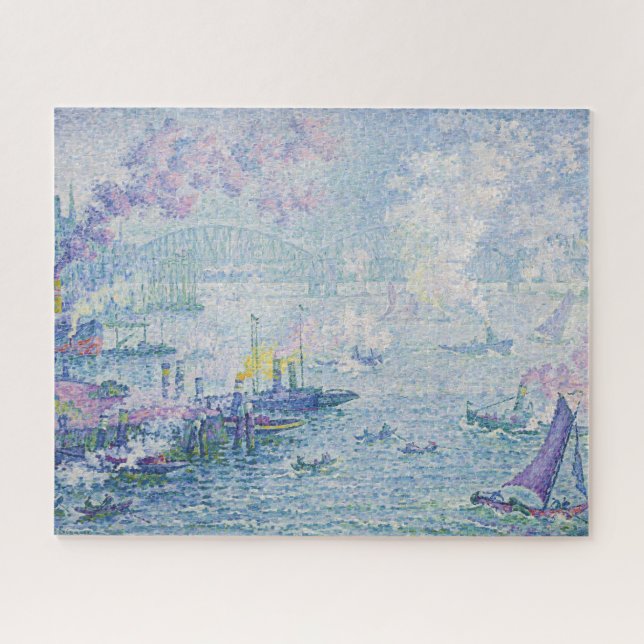 Puzzle Fine Art Painting Sea Port Ships Bridge Light Blue (Horizontal)