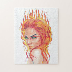 Puzzle Fire Woman Surreal fantasy Portrait drawing art
