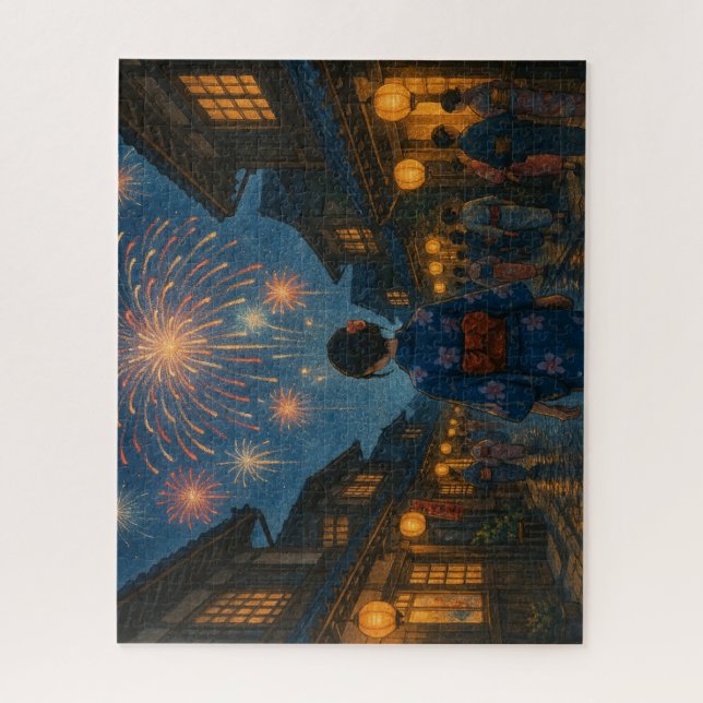 Puzzle Fireworks Over a Traditional Town Street in Summer (Vertical)
