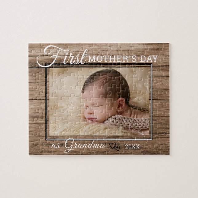 Puzzle First Mother's Day Grandma Photo Rustic Wood (Horizontal)