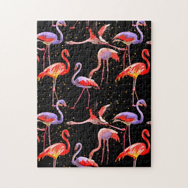 Puzzle Flamant Oiseaux Colorés sur Fond Noir (Vertical)