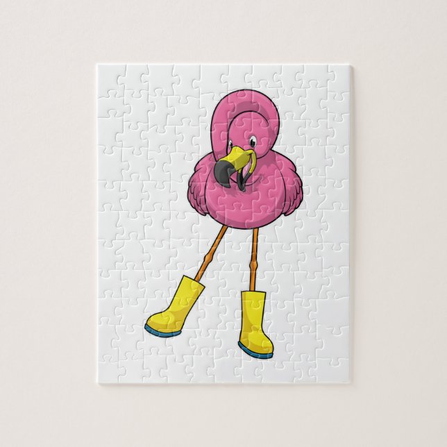 Puzzle Flamant rose à la pluie avec bottes en caoutchouc (Vertical)