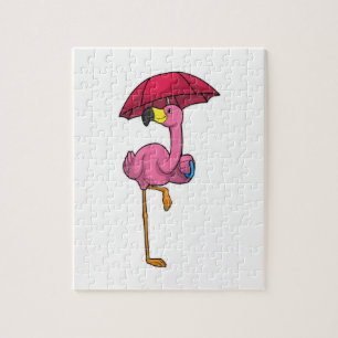 Puzzle Flamant rose à la pluie avec parapluie