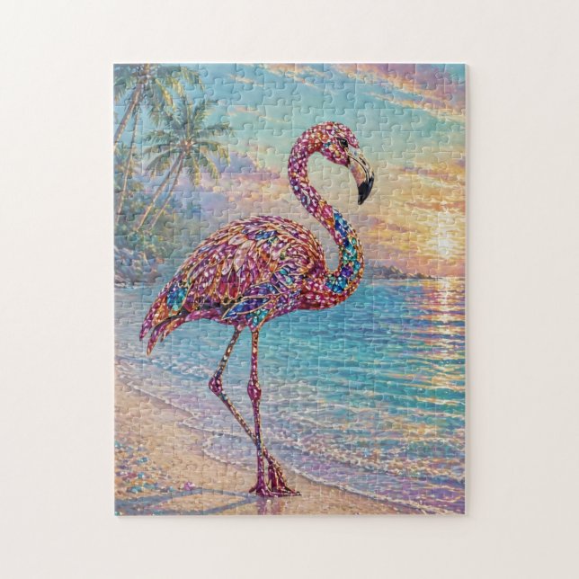 Puzzle Flamant Rose aux Tons de Bijoux sur une Plage Trop (Vertical)
