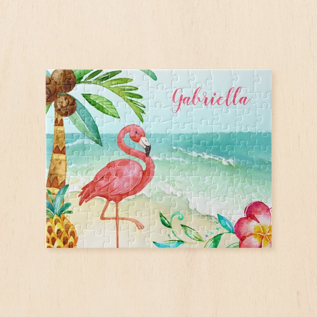 Puzzle Flamant rose de plage tropical Enfants personnalis (Créateur téléchargé)