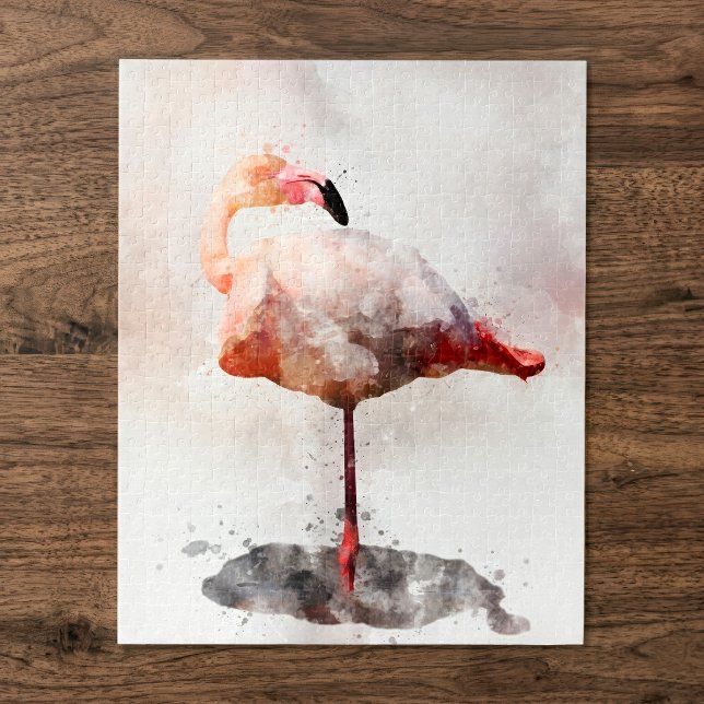 Puzzle Flamant rose debout en impression d'art à l'aquare (Pink Flamingo Standing in Watercolor Art Print. Jigsaw Puzzle)