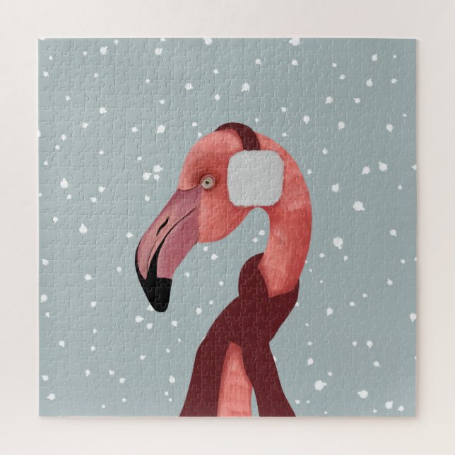 Puzzle Flamant rose D'Hiver Whimsical Et Cosy Avec Écharp (Vertical)