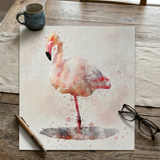Puzzle Flamant Rose Élégant debout en Aquarelle (Elegant Pink Flamingo standing in Watercolor. Jigsaw Puzzle)