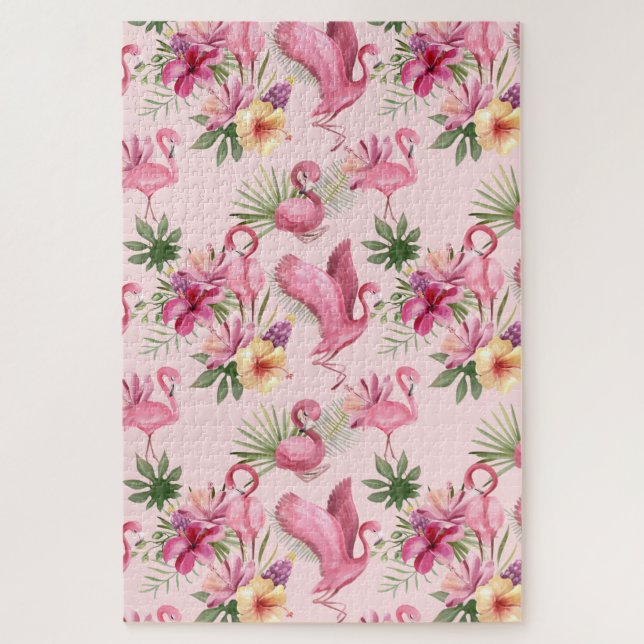 Puzzle Flamant rose Et Fleurs Roses Mignons (Vertical)