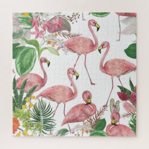 Puzzle Flamant rose Feuilles tropicaux Motif aquarelle