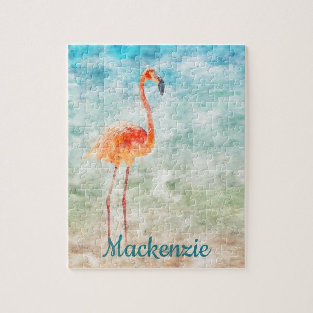 Puzzle Flamant rose rose aquarelle| Île tropicale (Vertical)