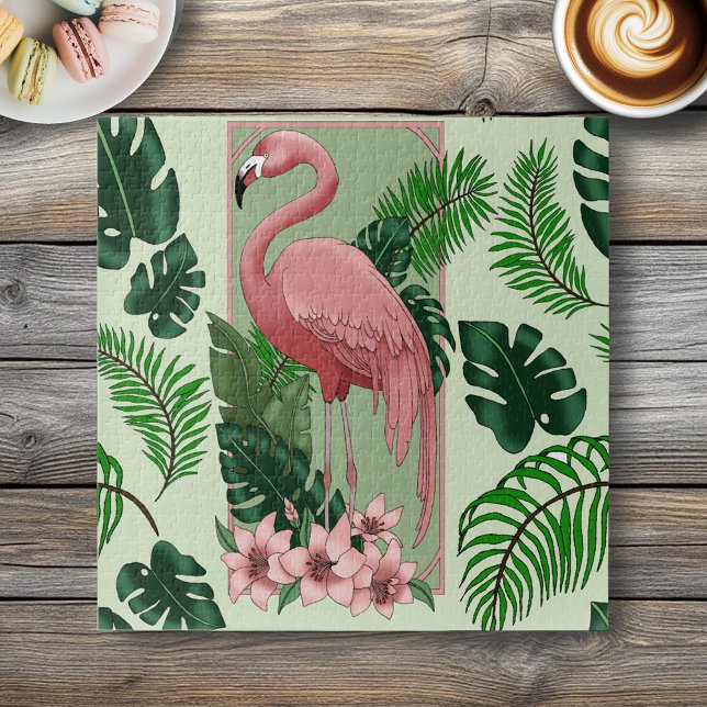 Puzzle Flamant Rose Tropical Feuilles de Palmier Vert Lys (Créateur téléchargé)