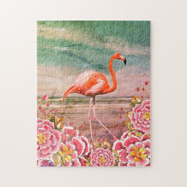 Puzzle Flamant rose tropical sur la plage avec collage de (Vertical)
