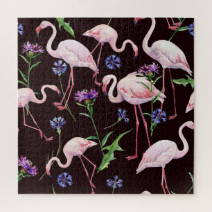 Puzzle Flamants d'aquarelle et fleurs sauvages motif.