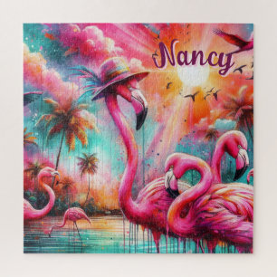 Puzzle Flamants roses roses tropicaux Palmiers Personnali
