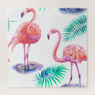 Puzzle Flamants roses tropicaux : Orchidées Aquarelle tra