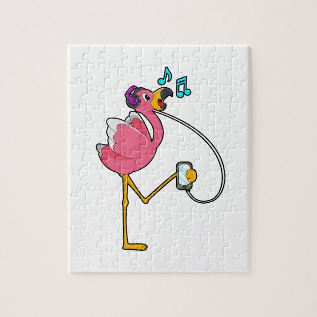 Puzzle Flamingo at Music with Headphone (Vertical)