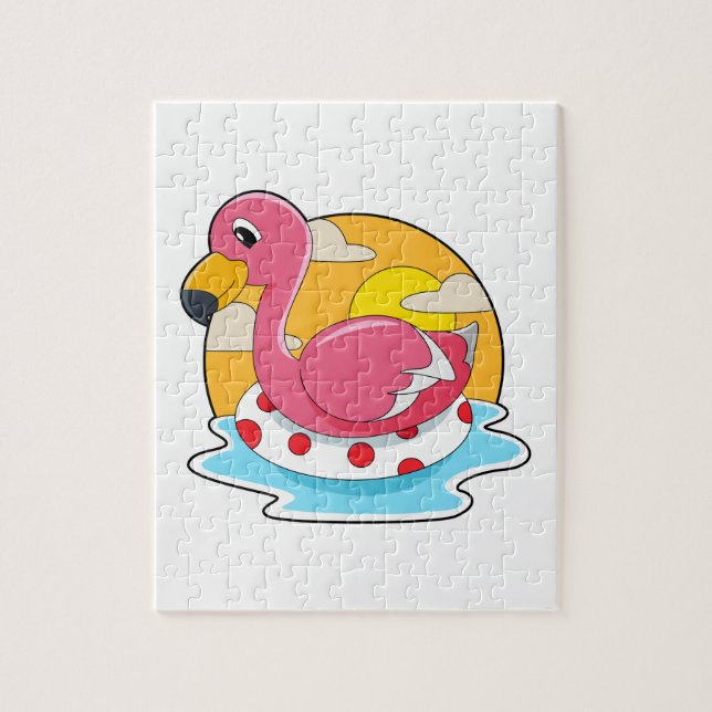 Puzzle Flamingo at Swimming with Lifebuoy (Vertical)