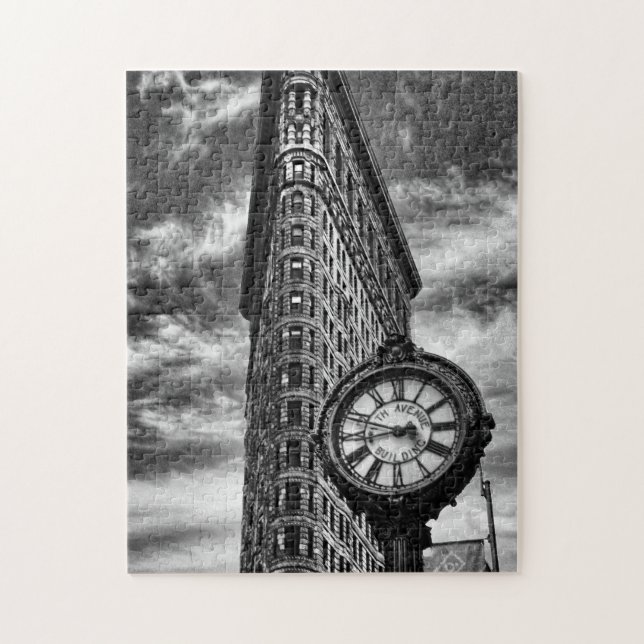 Puzzle Flatiron Building and Clock en noir et blanc (Vertical)