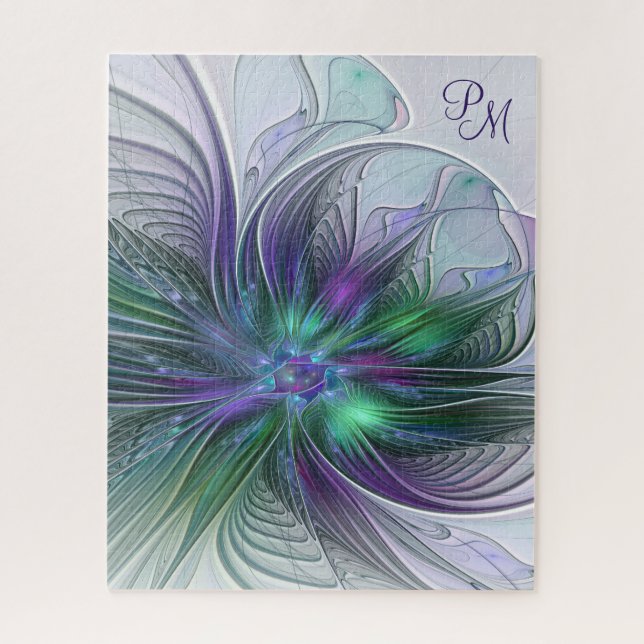 Puzzle Fleur Abstraite Moderne Monogramme Vert Violet (Vertical)