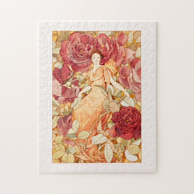 Puzzle Fleur Art Nouveau Fée avec Roses rouges et oranges (Vertical)